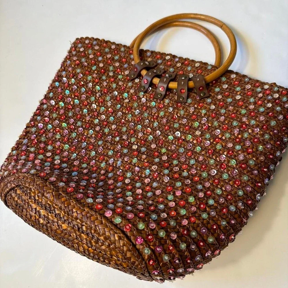 Victoria's Secret Y2K Woven Sequin Beach Tote Bag Wood Handle Brown Pink McBling